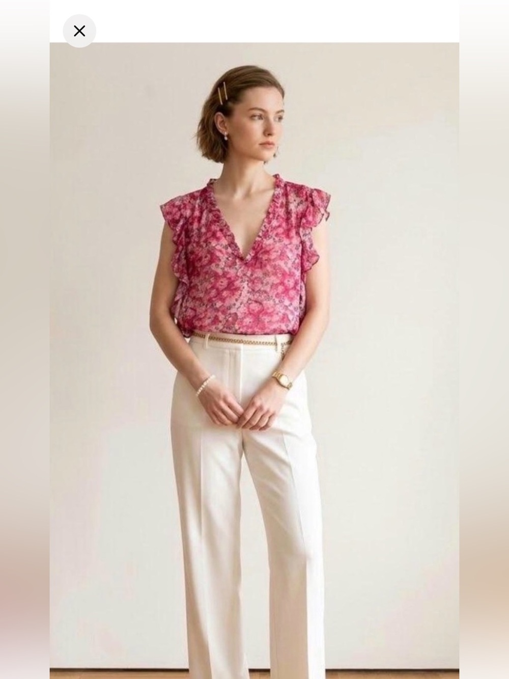 PAIGE Genie 💯 Silk Pink Floral Ruffle-Sleeve Blouse